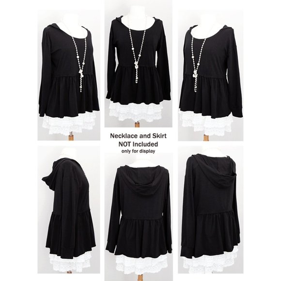 Black Hooded Babydoll Peplum Pullover Cotton Top - Picture 7 of 8